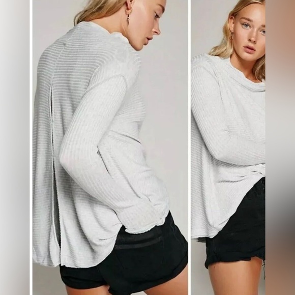FREE PEOPLE We the Free Size S Ribbed Cowl Neck Gray Tunic Top Split Back Boho - Picture 2 of 14